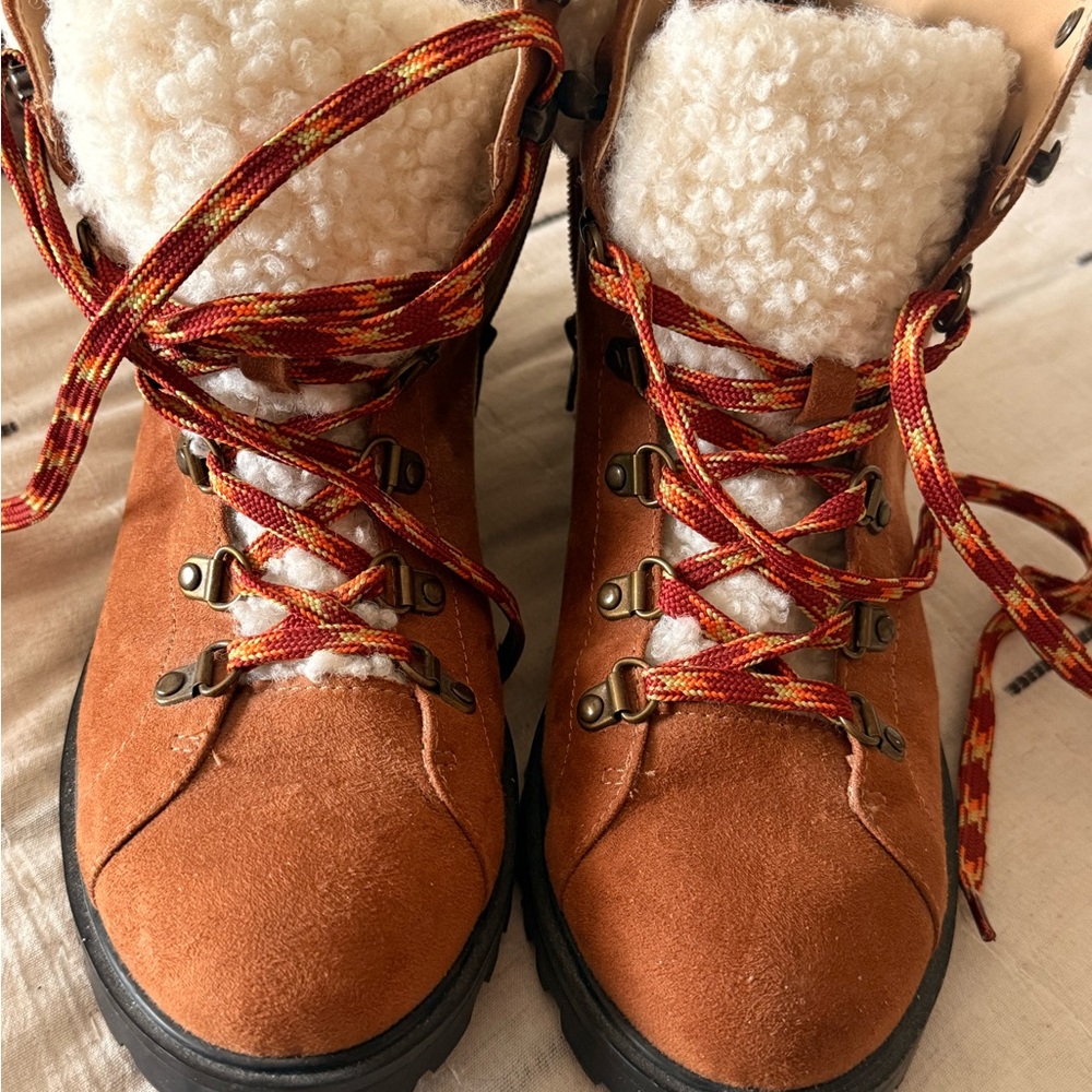 Abound Rust Suede Lace-Up Sherpa Boots with Red-Orange Laces